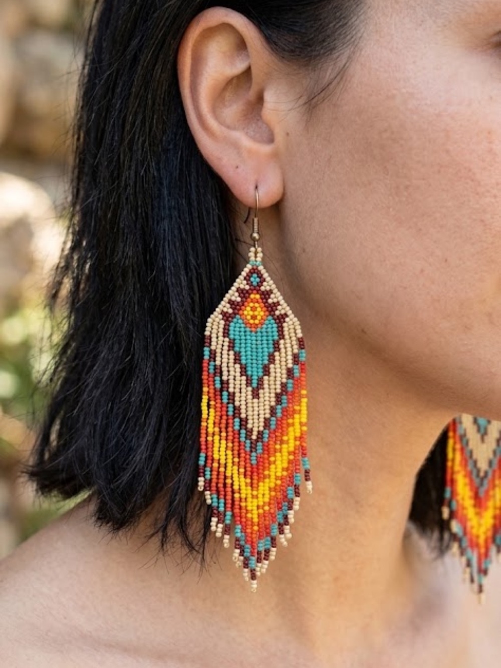 Native Beaded Fringe Earrings Southwest Turquoise Boho Dangle Western Statement